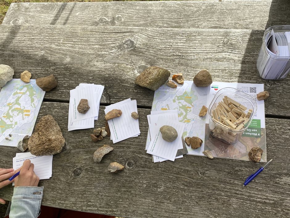 Stenen, invulkaarten en een kaart van het gebied liggen op een picknicktafel. Iemand vult een kaart in over de toekomst van De Akker.